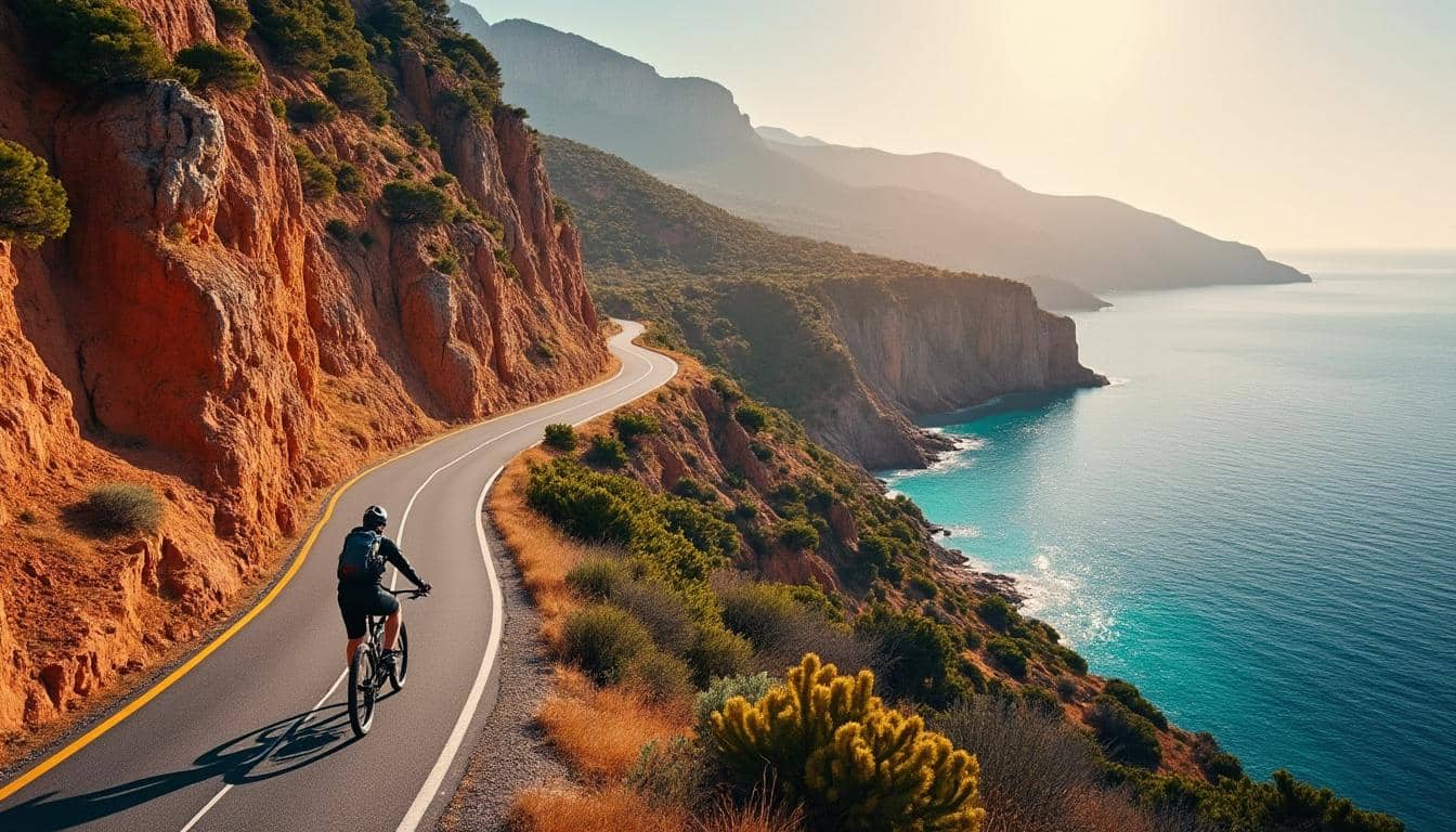 découvrez une micro-aventure unique en vélo au lever du soleil sur la pittoresque route des sanguinaires, entre mer et paysages à couper le souffle.